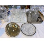 Two cut decanters; drinking glasses; silver plate; cutlery