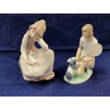 Two Nao groups: kneeling girl with puppy, height 23.5 cm & seated girl with dove, height 25 cm