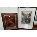 A 19th century crystoleum: woman in a bower; a signed etching: "The Mouth of the Buddle, Lyme