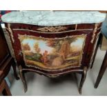 A reproduction mahogany side cabinet in the Louis XV style, with serpentine front, marble top and