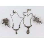 Silver marcasite set jewellery: An Art Deco necklace, another necklace & 2 floral spray brooches all