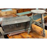 An 18th century oak bible box with hinged lid and 3 steel lock plates; a Victorian kitchen stool