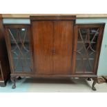 A 1920's mahogany period style display cabinet with blind fret frieze, 2 glazed side cabinets and