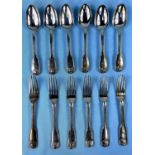 A marched set of 6 crested fiddle thread and shell pattern, 4 dessert spoons and forks London 1818