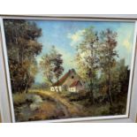 20th Century Impressionistic: landscape with cottage, oil on canvas, signed indistinctly, 48 x 58