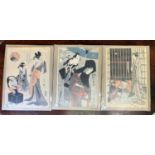 TAKAMIZAWA, three colour woodblock prints after ELSHI, KIYONAGA and UTAMARO, 38 x 26cm