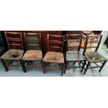 A set of 5 'Country Regency' elm and beech rush seat dining chairs with turned top and bottom