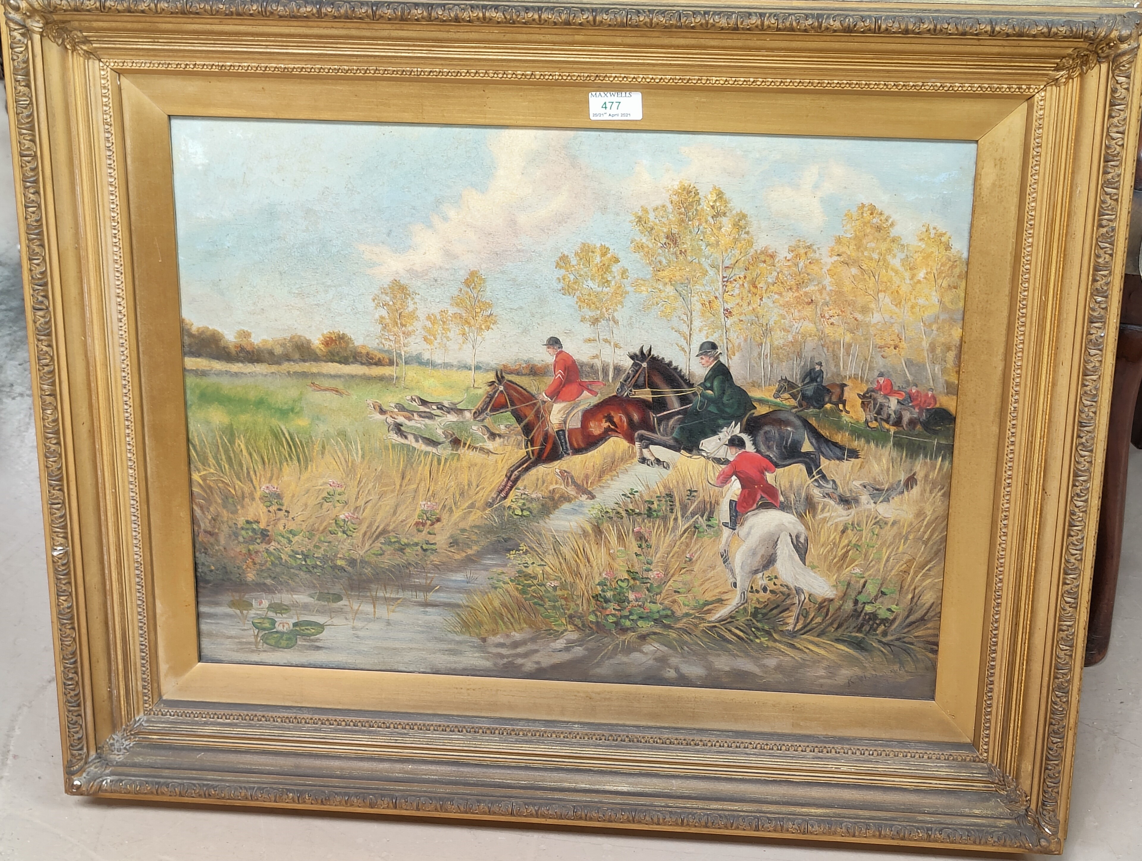 Late 19th/early 20th Century: The Hunt jumping a stream, oil on canvas, unsigned, 45 x 60 cm, framed