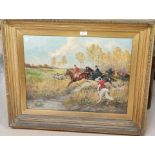 Late 19th/early 20th Century: The Hunt jumping a stream, oil on canvas, unsigned, 45 x 60 cm, framed