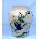 A Chinese porcelain squat inverted famillie vert vase decorated with traditional figures, height