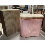 3 Lloyd Loom linen baskets; a woven fibre ottoman and lien basket