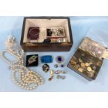 A jewellery box and costume jewellery; a selection of coins and notes