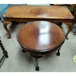 A reproduction burr walnut coffee table glass cover and a drawer missing; another with circular top
