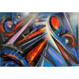 David Wilde: "Dock's Blitz an allegory oil on card, Northern artist abstract scene, signed and