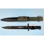 A British WD L1A3 pattern bayonet, unmarked parkerised bowie blade with scabbard and belt frog (