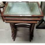 A reproduction mahogany nest of 3 trio tables; a wine table with octagonal top