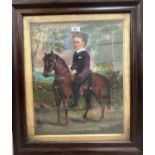 A Victorian rosewood veneered cushion frame containing an overpainted portrait of a boy on a pony,