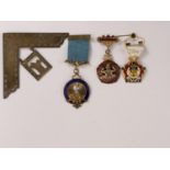 A masonic pendant: hallmarked silver set square; other enamelled medallions