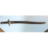 A BRITISH 1860 pattern Yataghan sword bayonet with leather scabbard, the blade stamped WD 13