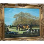20th Century: 18th century hunting scene, oil on canvas, unsigned, 50 x 60 cm, framed