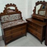 An Edwardian stained walnut 2 piece bedroom suite comprising dressing table and marble top washstand