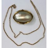 A 9ct gold chain necklace 4.7gms and a shell effect brooch with gilt surround