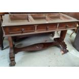 A Victorian mahogany side table/washstand with 3 frieze drawers, pierced end supports, on scroll