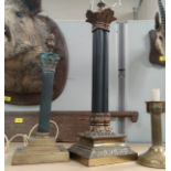 A brass multicolumn table and lamp in the classical style; 2 others