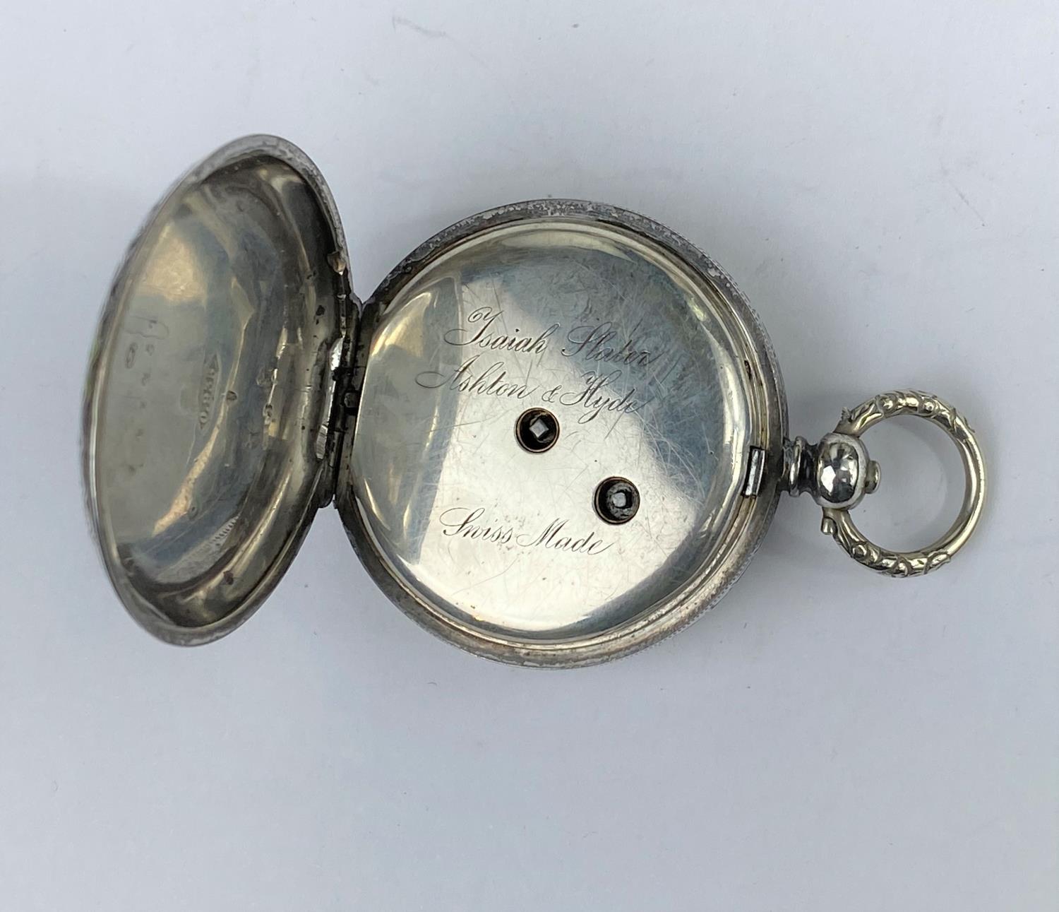 A continental silver cased fob watch with enamelled dial, inscribed Isaiah Slater, Ashton & Hyde - Image 3 of 3