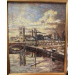 J.PARKER, Northern Artist, Salford Art Club, oil on board, Manchester Cathedral from Blackfriars,