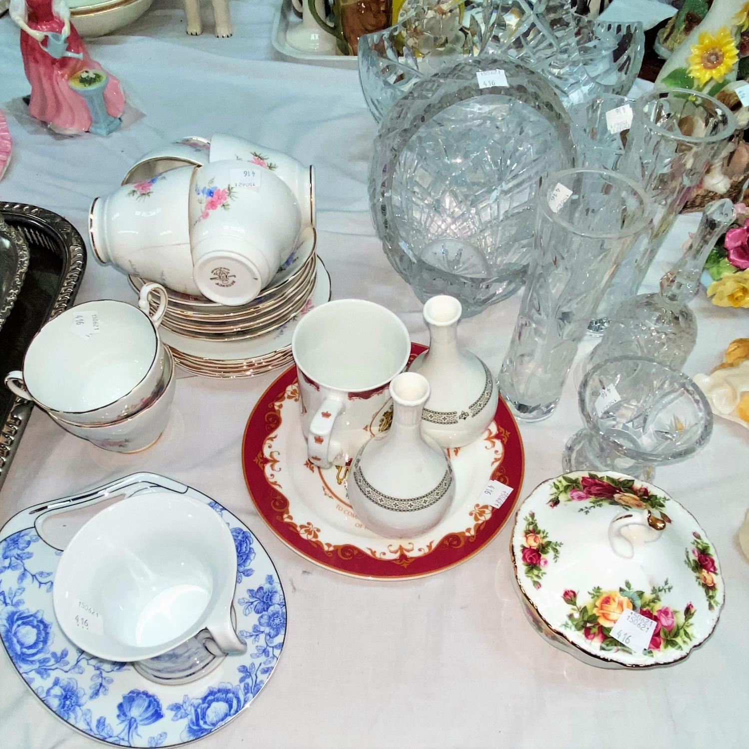 2 cut glass baskets and other glassware; a Regency floral part teaset and decorative china