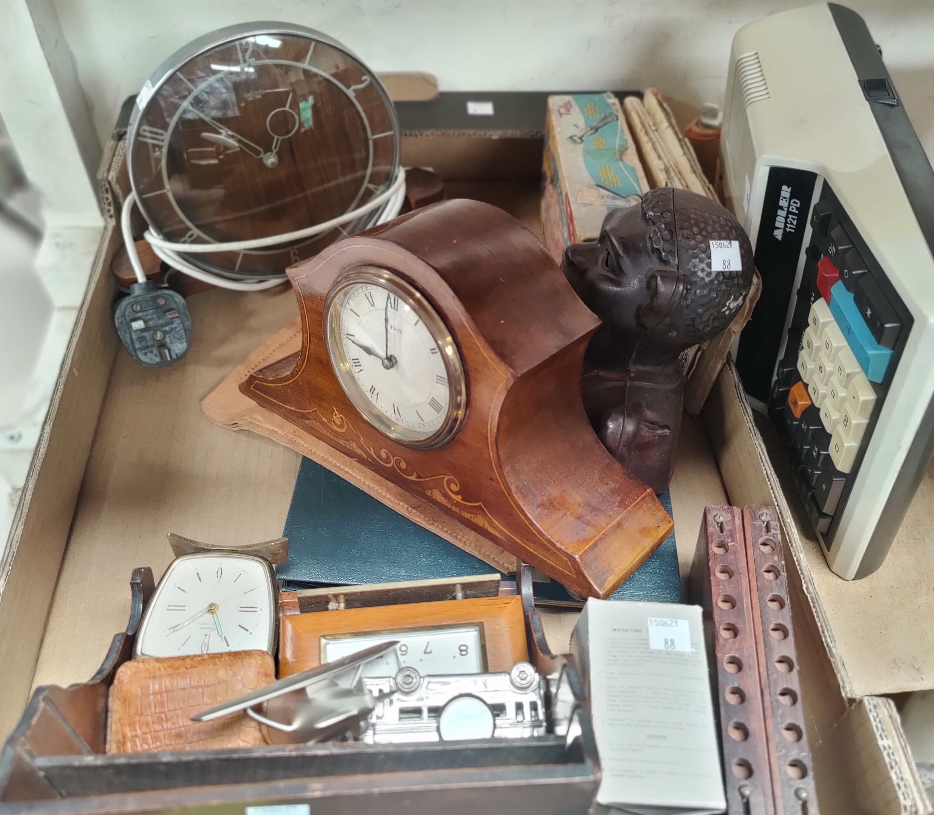 An Edwardian mantel clock, an Art Deco chrome clock, travel clocks and other collectables