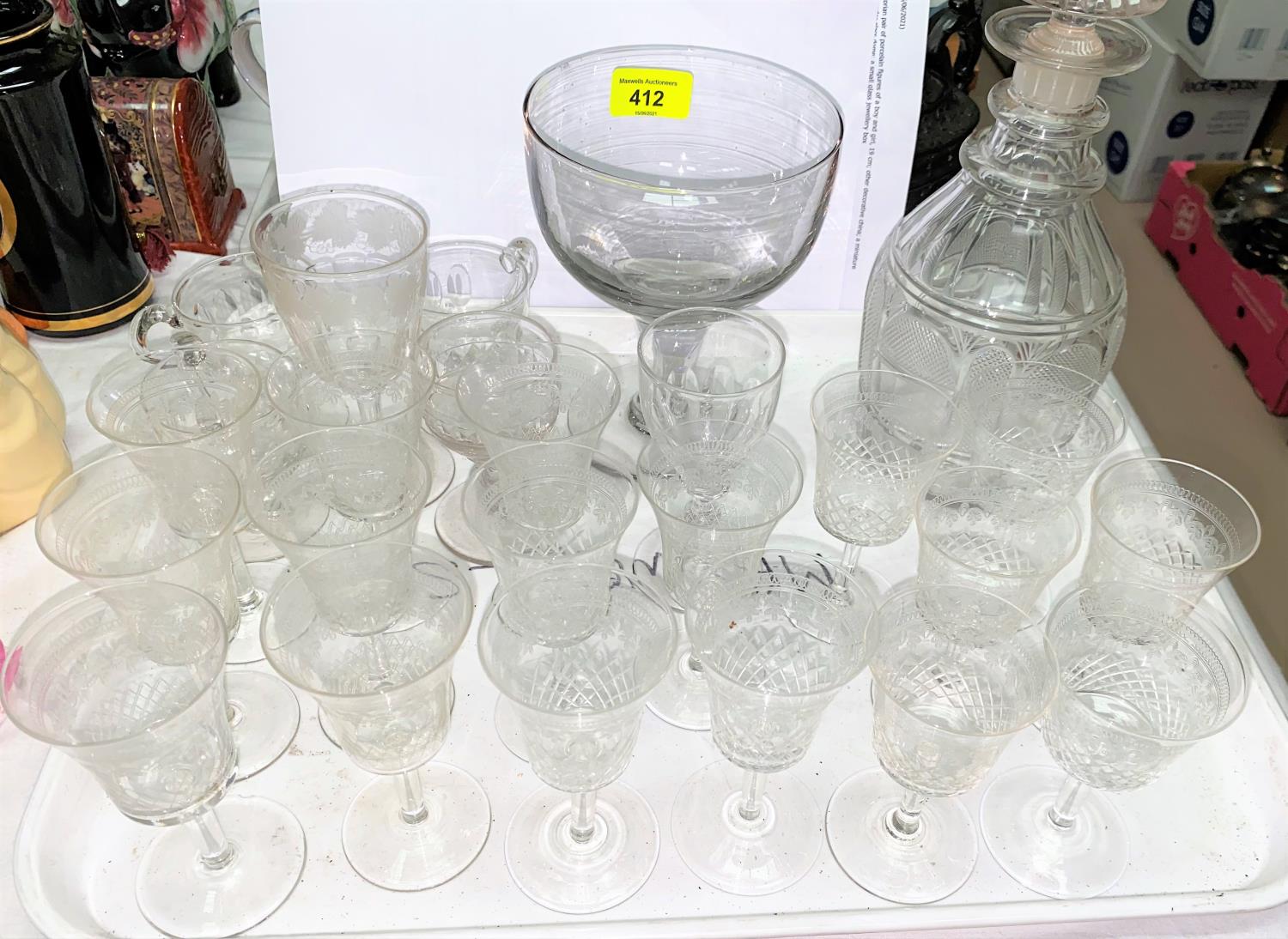 A Georgian cut glass decanter, other 19th century glass to include custard cups and a large rummer