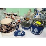 An Adams blue jasperware biscuit barrel with silver plated mounts, 16 cm; other similar pieces