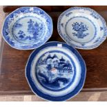 Three 18th / 19th century Chinese blue and white dishes, diameter 22cm (one with stapled