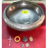 A small selection of antique coins etc and a pewter bowl
