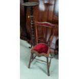 An oak pedestal torchere on barley twist column and a mahogany stick back bedroom chair with