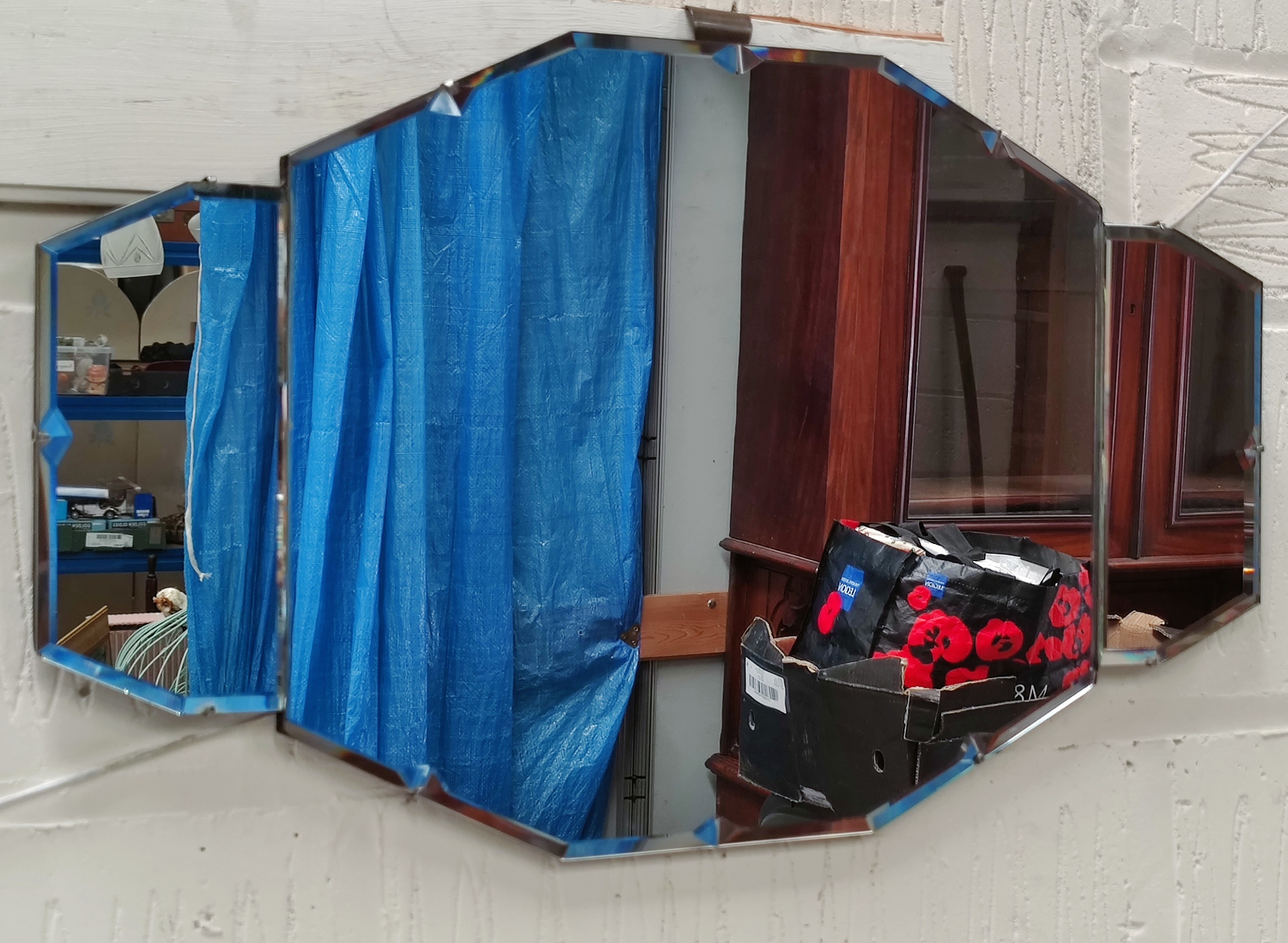 A 1930's 3 section Art Deco wall mirror with 8 diamond shaped inserts to edges