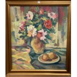 M Balosludchev - still life of flowers & fruit, oil on canvass, signed, inscribed on reverse 47 x 49