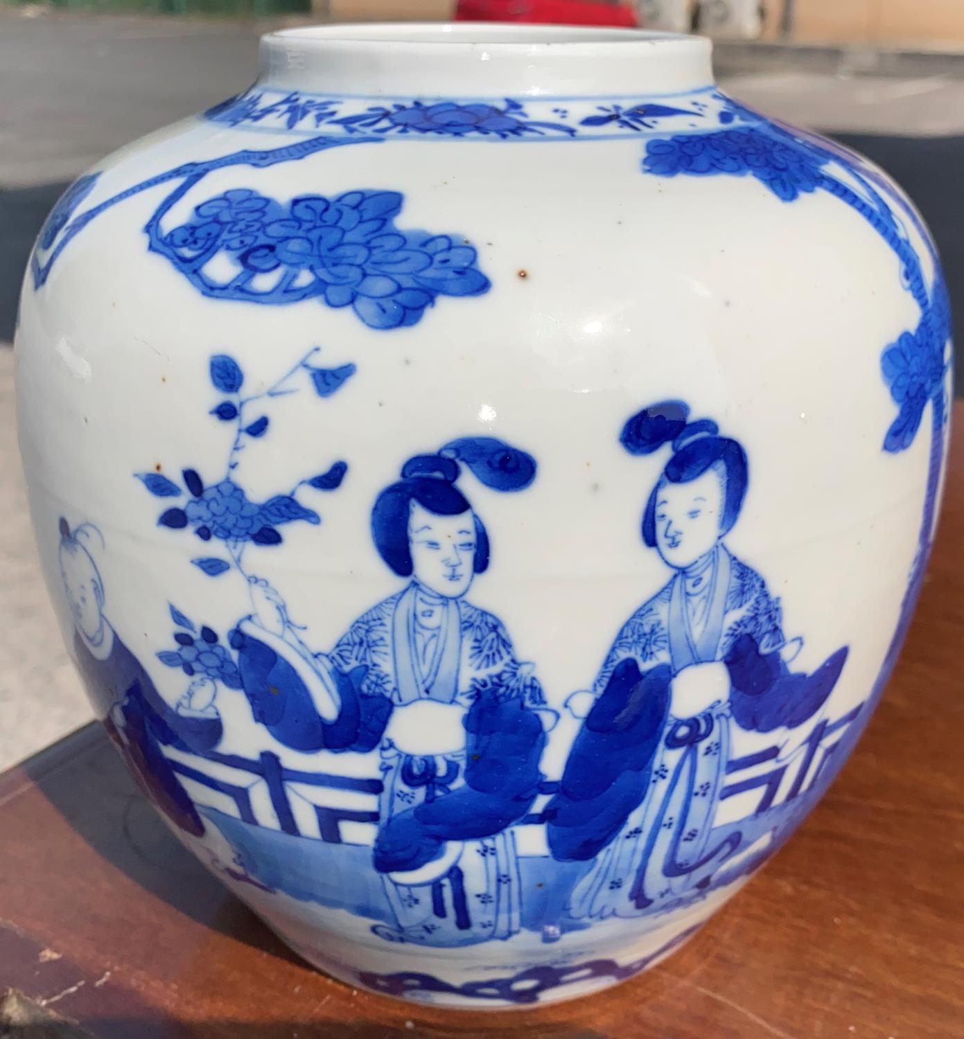 A Chinese porcelain ginger jar, underglaze blue decoration with genfre scene, 18 cm (no cover)