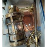 A 1920's brass coal bin; a 19th century copper kettle; a ship's brass lantern; other metalware