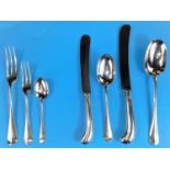 A Hanoverian pattern canteen of silver cutlery comprising 12 table forks, 12 dessert spoons and 12