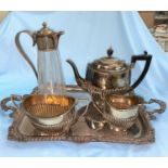 A cut glass claret jug with EPNS mount, a silverplate on copper tray and an EP 3 piece coffee