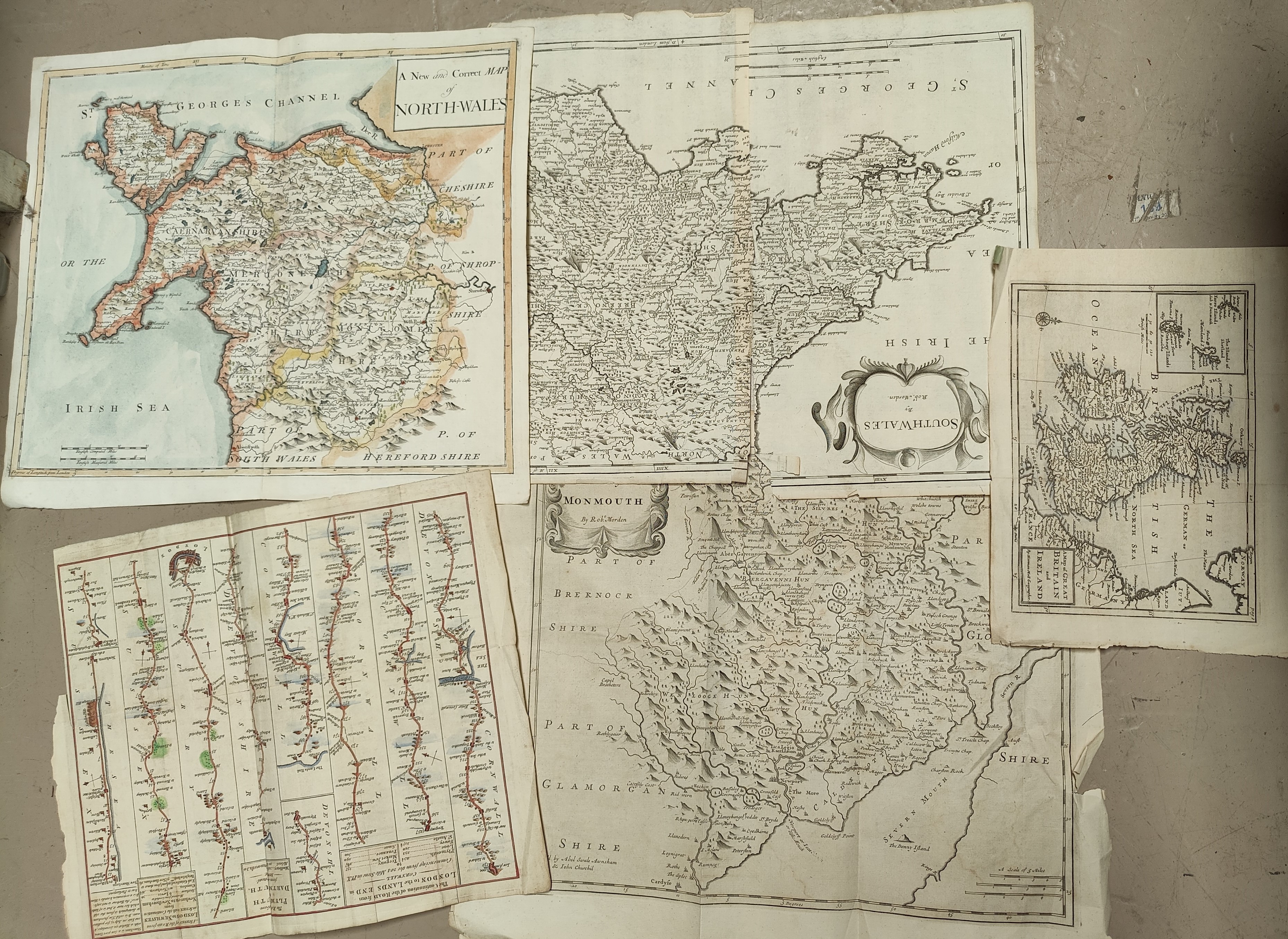 An 18th century hand coloured map of North Wales, other maps from the same period (some damaged)