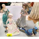 A Royal Crown Derby bird; a Royal Doulton figure: Little Miss Muffet; 2 other figures