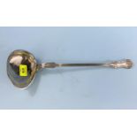 A large Swedish white metal sauce ladle, with reeded border and Rococo terminals & 3 crowns mark,