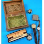 A hallmarked silver Vesta case, Swiss army knife etc