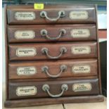 An early 20th century medical metal 5 drawer cabinet with drug labels to front and sides