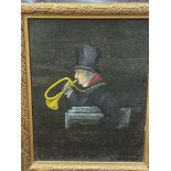 Adrian Lenhay: Dickensian style oil on board of a Liverpool newspaper trumpeter in a top hat.