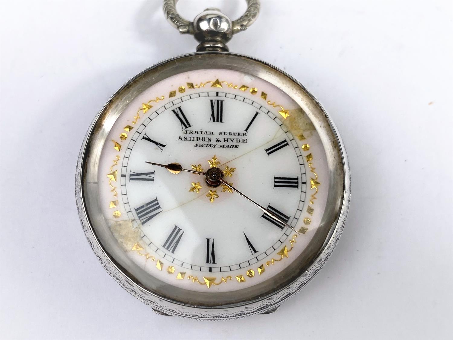 A continental silver cased fob watch with enamelled dial, inscribed Isaiah Slater, Ashton & Hyde